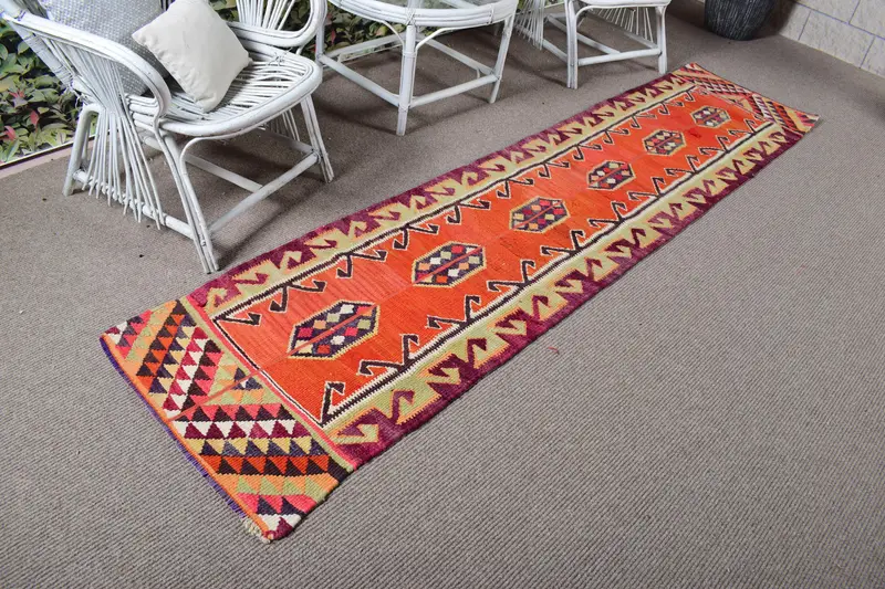Vintage Runner Rug 2.2x9.3 ft, Orange Polka dot Turkish Wool Rug - 1