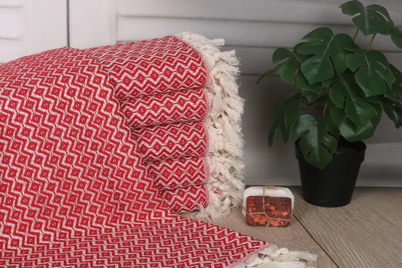 Personalized Red Turkish Cotton Beach Towel, Embroidered Diamond, 40x71 Inches