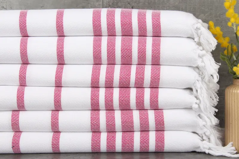 Turkish Hand Towel Embroidered Chevron, Fuchsia, Beige, 24x36 Inches