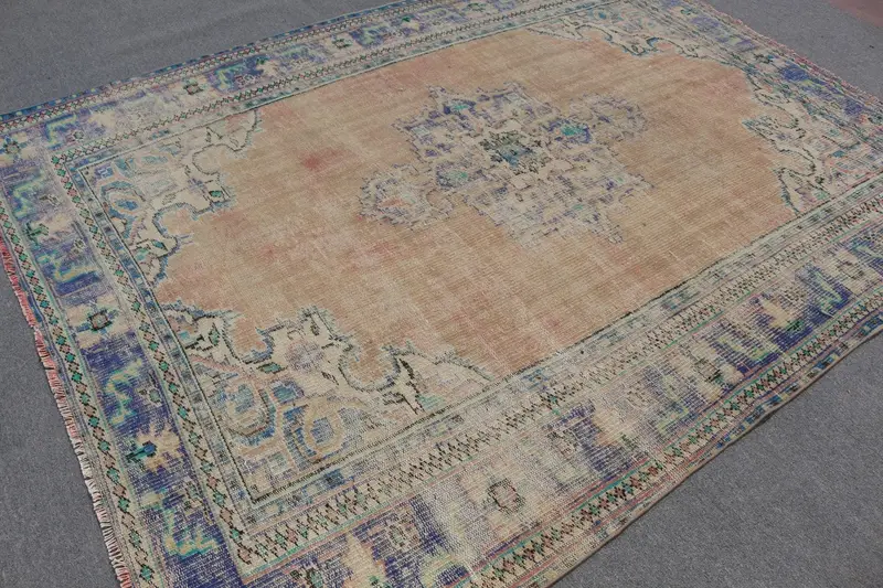 Vintage Oushak Büyük Halı 6,6x8,8 ft (200x269 cm), Türk Mavisi Puantiyeli Halı - 1