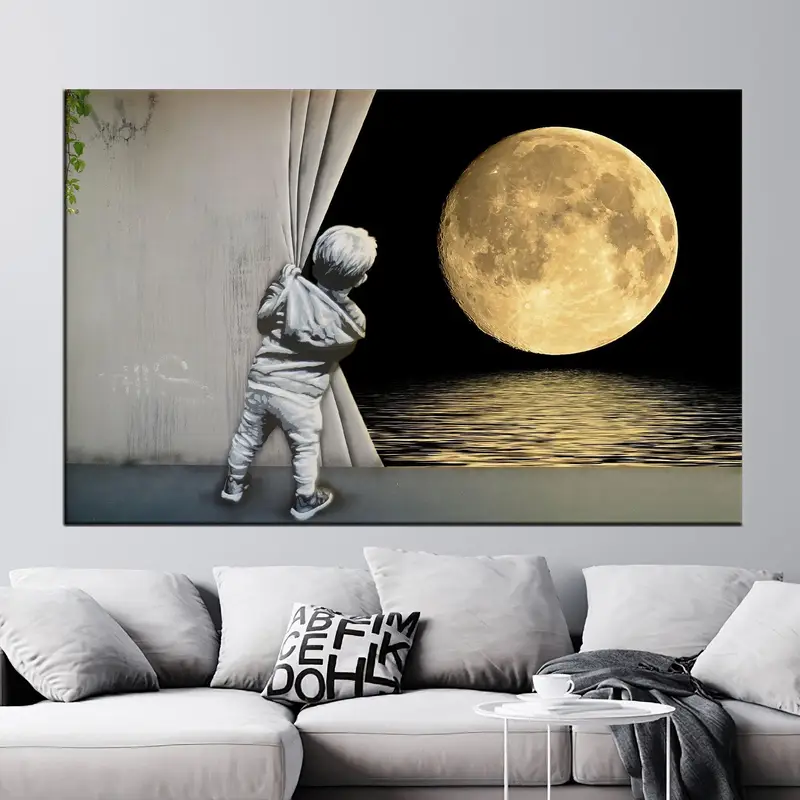 Enchanting Banksy Full Moon Printed Canvas - Artistic Elegance