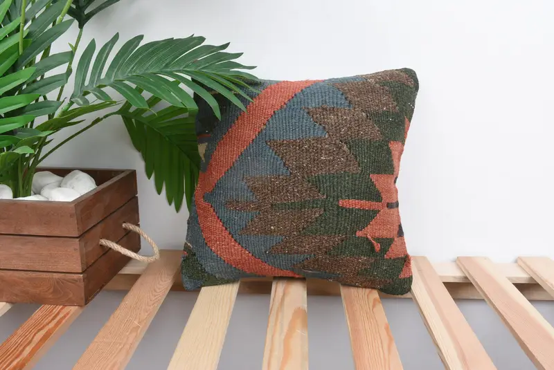 Boho Pillow, Handwoven Pillow Cover Pillow Sham, Colorful Pillow, 12x12 Blue Cushion, Cushion Cover, Pillow for Couch, Kilim Pillow - 1