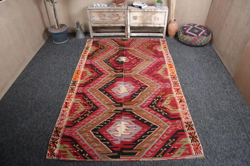 5.5x8.9 ft Türk Halısı, Vintage Alan Halısı, Gökkuşağı Gökkuşağı Geometrik Yün Halı - 1