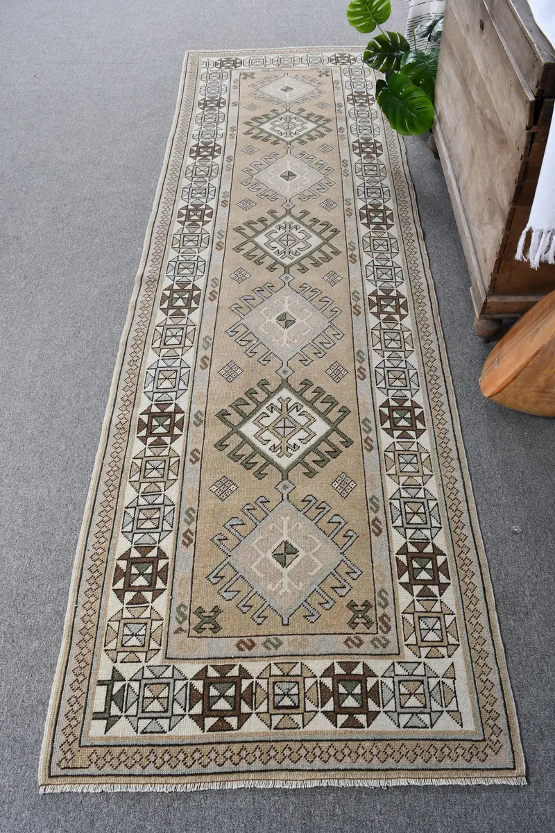 El Yapımı 0.2x0.8 ft Kilim, Bej ve Kahverengi Çiçek-Geometrik