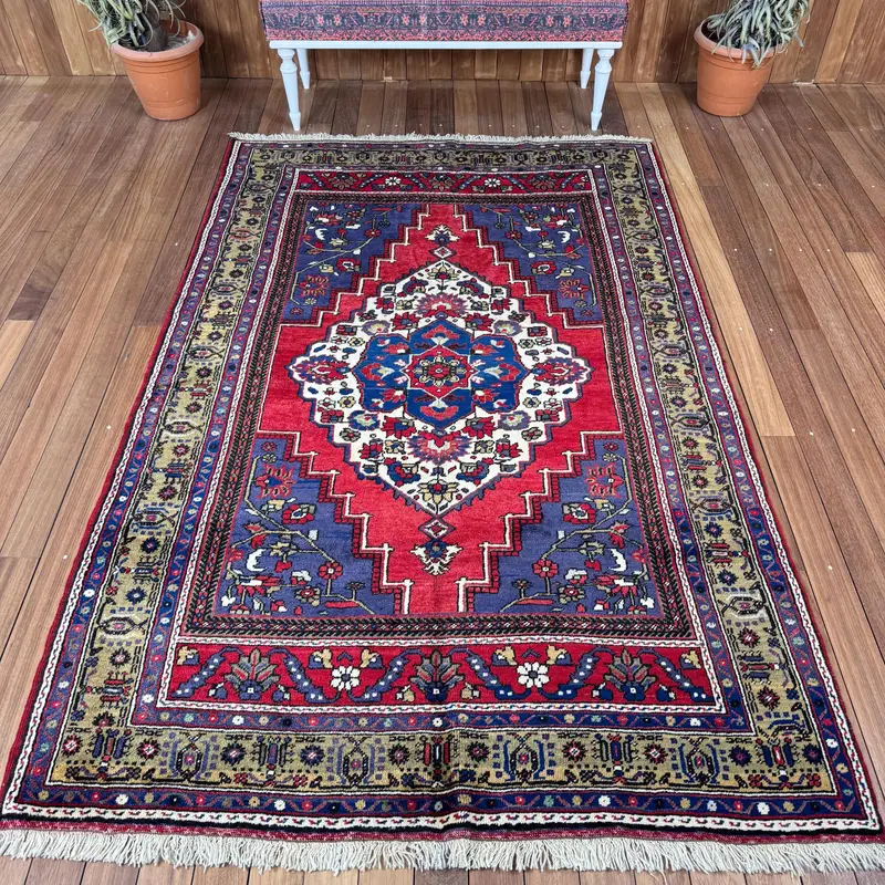Vintage Oushak Area Rug 5.1x7.8 ft (154x239 cm), Turkish Red Oriental Wool Rug - 1