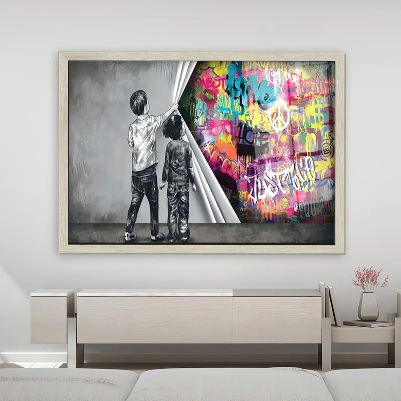 Modern Banksy Boy Printed Glass for Trendy Man Cave Decor