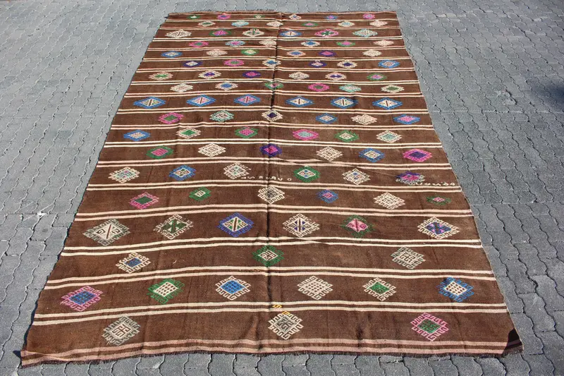 7.6x12.2 ft Rug, Turkish Vintage Oversize Rug, Brown Kilim Wool Rug - 1