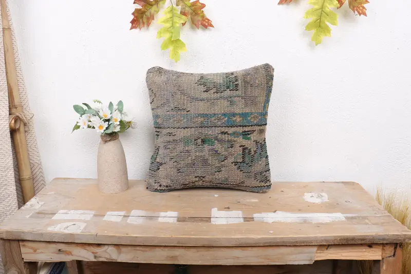 Boho Pillow, Throw Kilim Pillow, Pillow for Sofa, 12x12 Blue Pillow Sham, Neutral Throw Cushion Cover, Art Deco Cushion, Pillow Case - 1