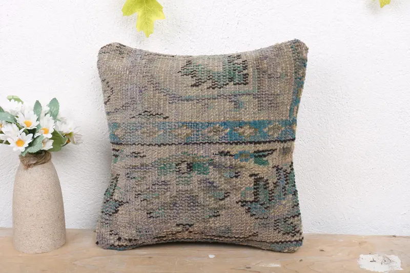 Boho Pillow, Throw Kilim Pillow, Pillow for Sofa, 12x12 Blue Pillow Sham, Neutral Throw Cushion Cover, Art Deco Cushion, Pillow Case - 2
