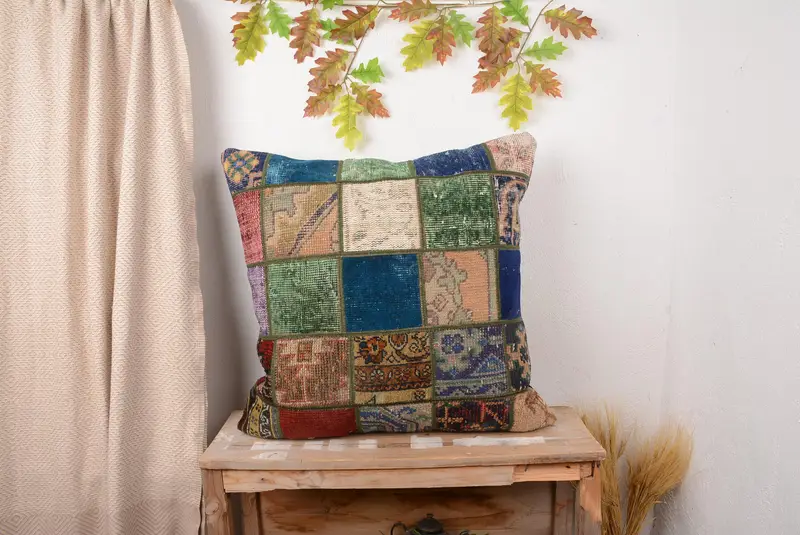 Blue & Green Patchwork Throw Pillow, Handmade Embroidered Cushion