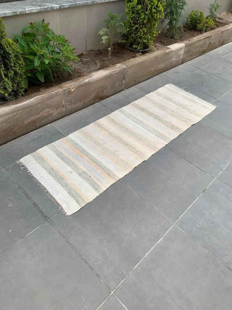 Turkish Vintage Kilim Runner Rug 2.3x6.9 ft, White Ombré Rug Wool - 1