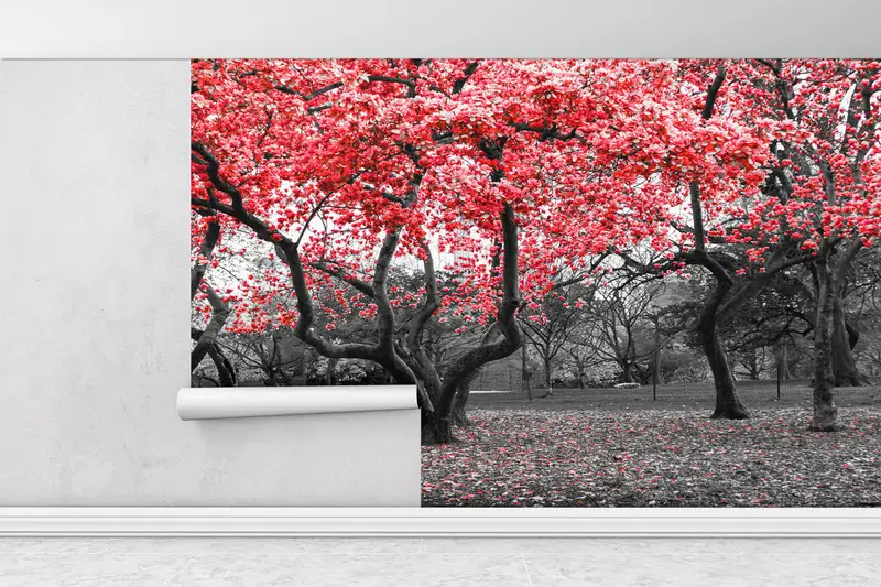 Wandkunst sehen, Baumansicht Wandtattoos, rotes Wandkunst, Bäume mit roten Blumen Wanddruck, Tapetenpatent, mach es selbst, - 5
