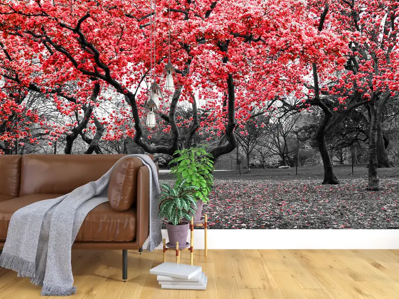 Wandkunst sehen, Baumansicht Wandtattoos, rotes Wandkunst, Bäume mit roten Blumen Wanddruck, Tapetenpatent, mach es selbst, - 6