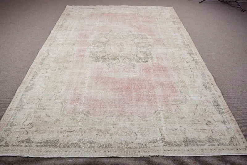 Vintage 6,7x10 ft Teppich, türkischer Oushak-Teppich, weißer Teppich aus Wolle - 1