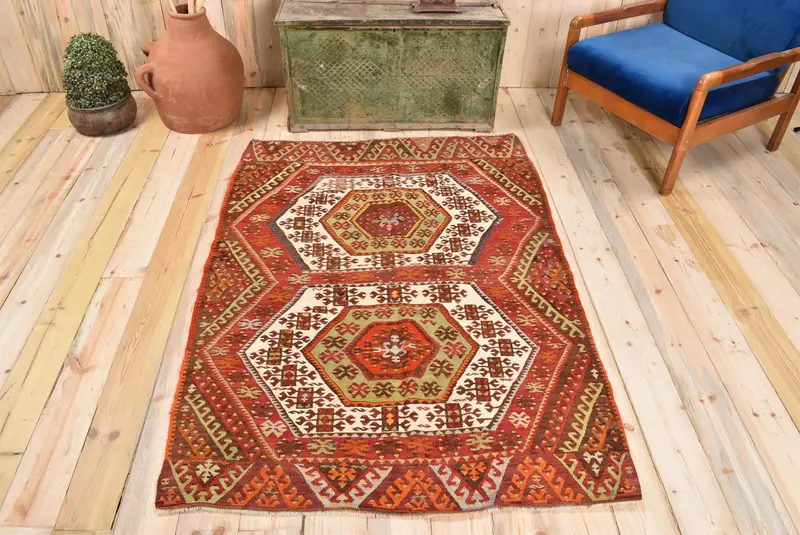 Kırmızı ve Yeşil Halı, 3,9x5,6 ft - Bitki ve Ağaç Tasarımı