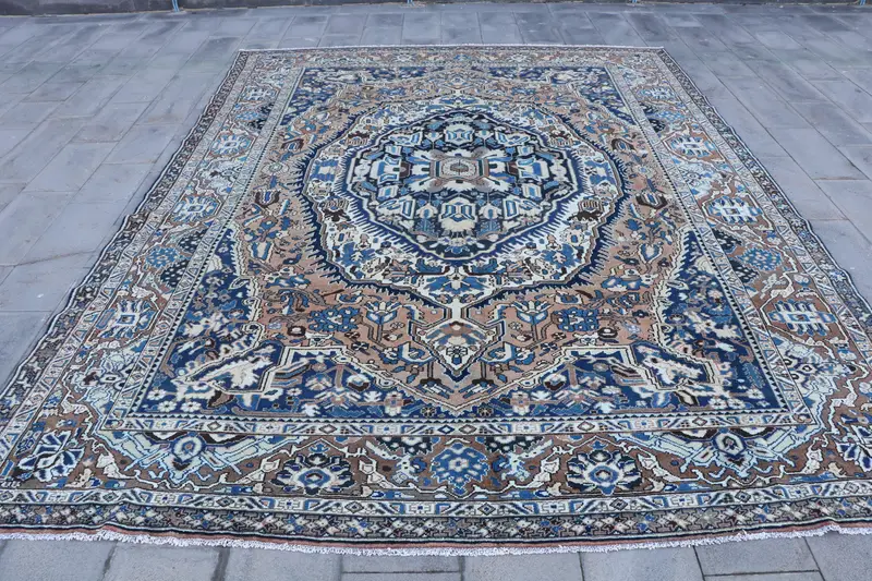 Vintage Rug, 10.1x13.2 ft Oversize Rug, Blue Brown Oushak Wool Rug - 1