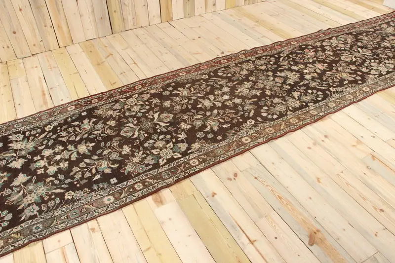 Turkish 3.7x16 ft Rug, Runner Vintage Rug, Brown Blue Oriental Rug - 1
