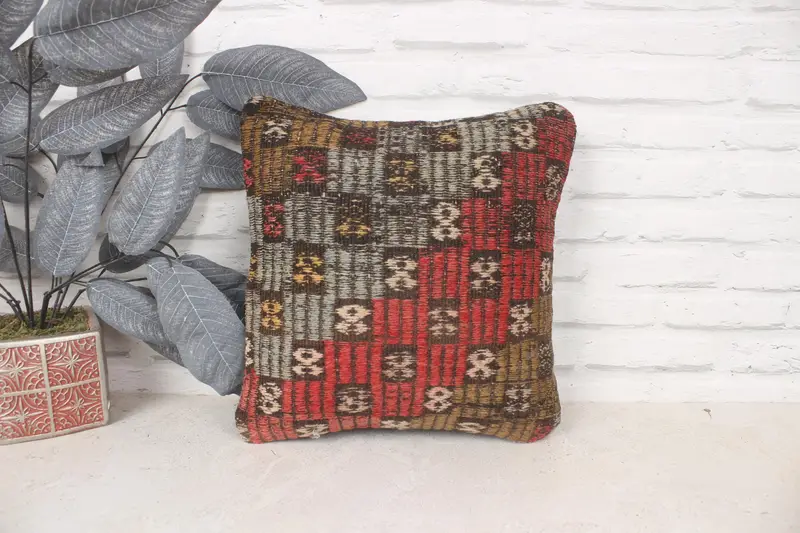 Boho Pillow Sham Cover, Vintage Pillow, Southwestern Cushion, 14x14 Red Pillow, Pillow Sham, Pillow for Couch, Decorative Throw Pillow Case - 1