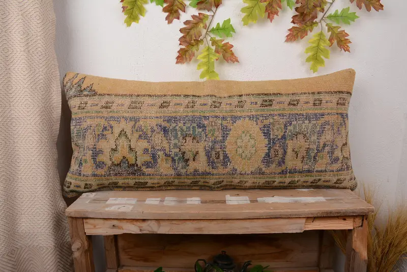 Blau & Orange besticktes Wurfkissen, Vintage Florales Rechteckkissen