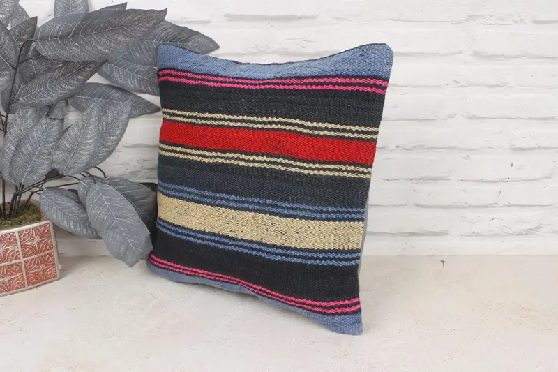 Ethnical Kilim Rug Pillow, Nautical Throw Pillow, 16x16 Blue Pillow Sham, Pillow Sham, Antique Pillows, Authentic Cushion, Kilim Cushion Sham - 4