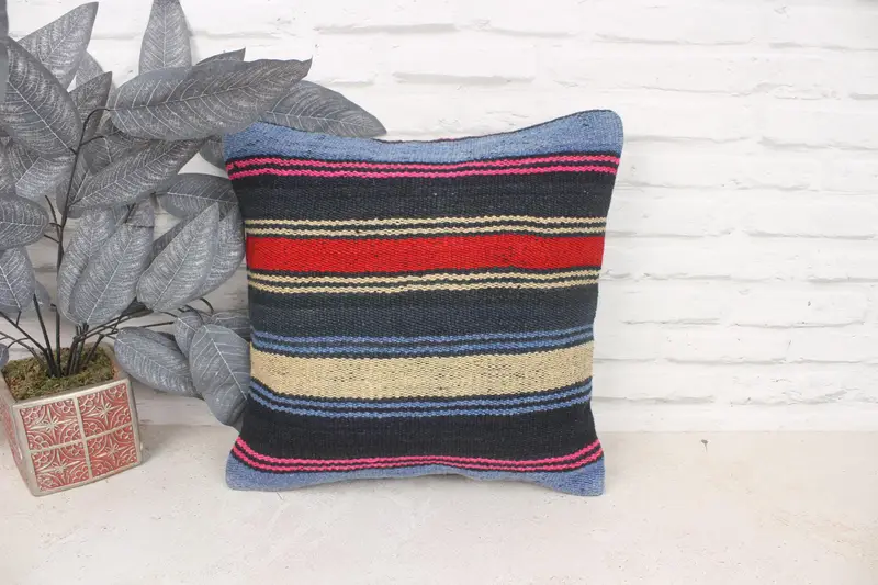 Ethnical Kilim Rug Pillow, Nautical Throw Pillow, 16x16 Blue Pillow Sham, Pillow Sham, Antique Pillows, Authentic Cushion, Kilim Cushion Sham - 1