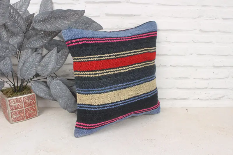 Ethnical Kilim Rug Pillow, Nautical Throw Pillow, 16x16 Blue Pillow Sham, Pillow Sham, Antique Pillows, Authentic Cushion, Kilim Cushion Sham - 3