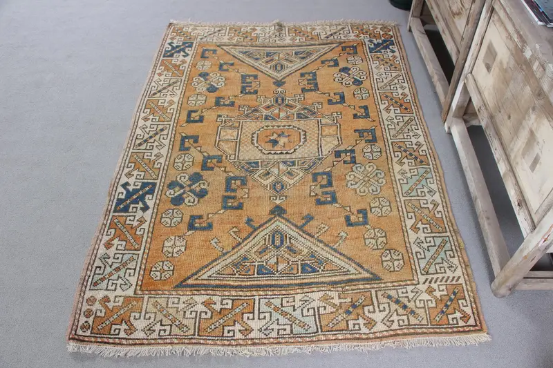 Handmade Orange & Blue Rug, 0.3x5.7 ft Geometric Floral