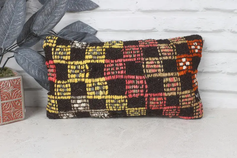 Vintage Kilim Throw Pillow, Colorful Cushion Cover, Retro Pillow Cover, Boho Pillow, 8x16 Yellow Pillow Cover, Cushion Case, Throw Kilim Pillow - 1
