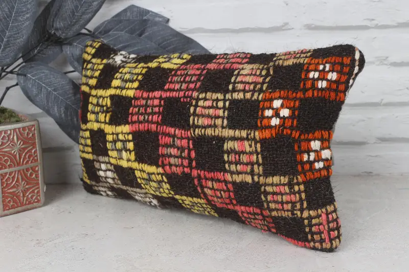 Vintage Kilim Throw Pillow, Colorful Cushion Cover, Retro Pillow Cover, Boho Pillow, 8x16 Yellow Pillow Cover, Cushion Case, Throw Kilim Pillow - 3