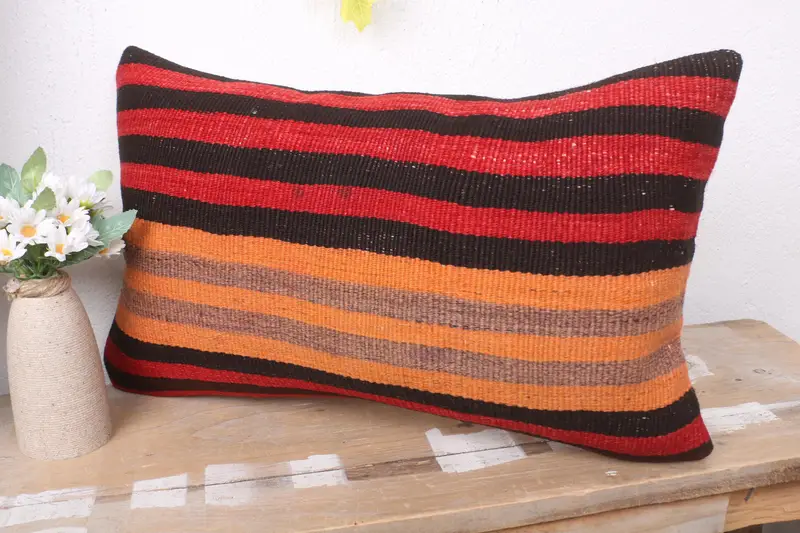 Sofa Bolster Pillow Sham, Vintage Kilim Pillow, Antique Pillows, 12x20 Red Pillow, Retro Pillow Sham, Pillow Cover, Kilim Pillow - 4