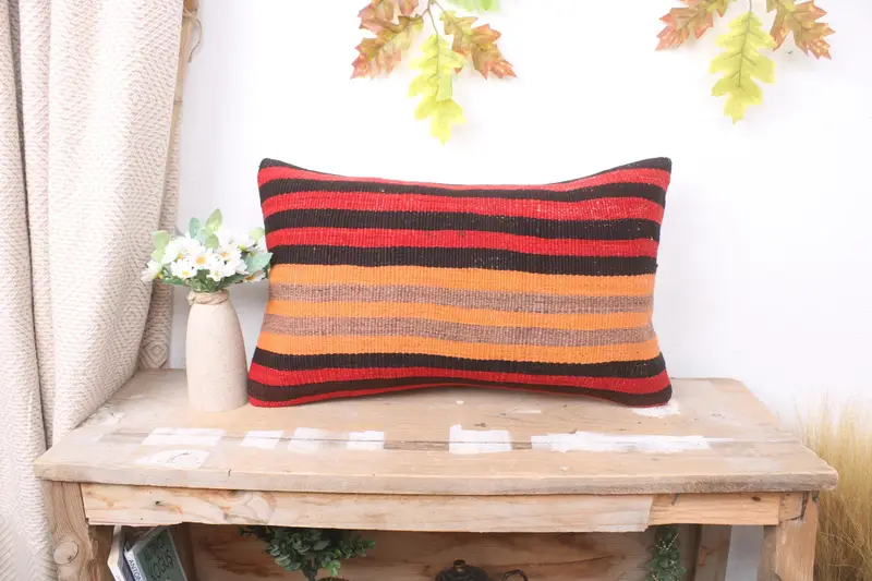 Sofa Bolster Pillow Sham, Vintage Kilim Pillow, Antique Pillows, 12x20 Red Pillow, Retro Pillow Sham, Pillow Cover, Kilim Pillow - 1