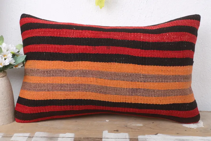 Sofa Bolster Pillow Sham, Vintage Kilim Pillow, Antique Pillows, 12x20 Red Pillow, Retro Pillow Sham, Pillow Cover, Kilim Pillow - 2