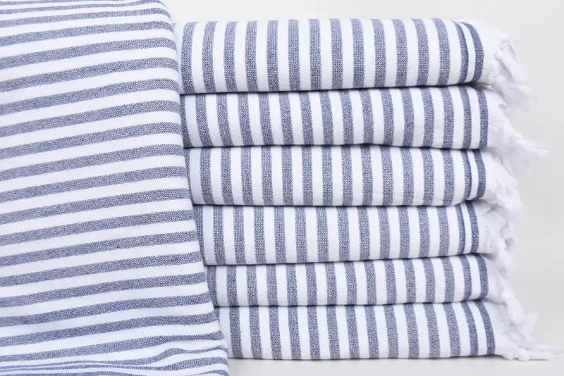 Handmade Turkish Beach Towel Navy Terry Stripes, 70x36 Inches