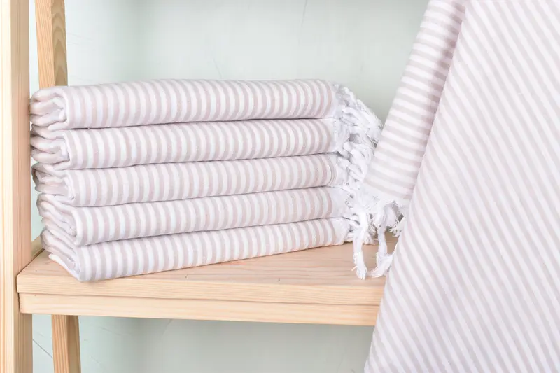 Personalized Organic Beige Striped Towel, 36x67 Inches