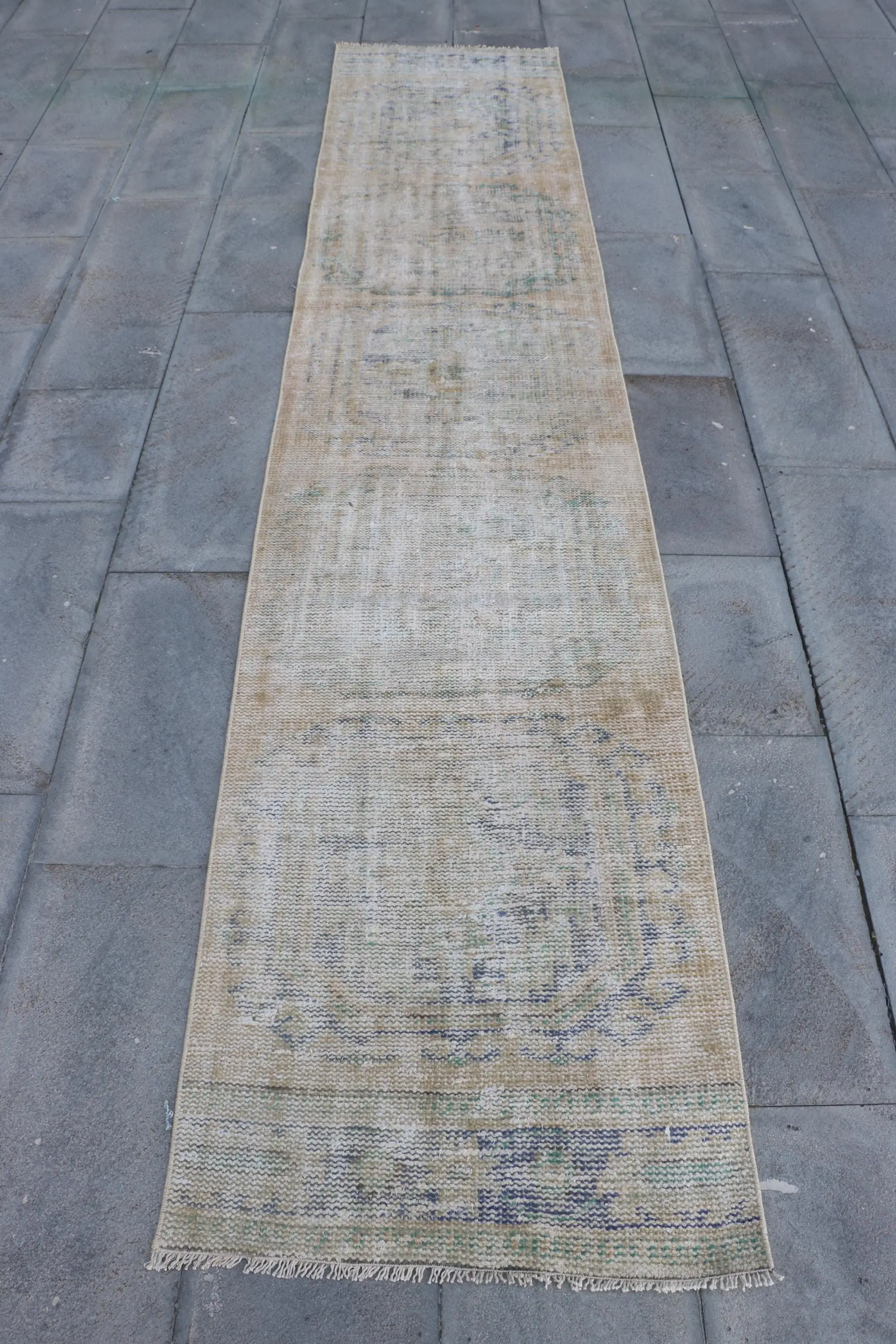 Turkish Vintage Rug, 2.4x11.4 ft Rug, Brown Floral Wool Rug - 1