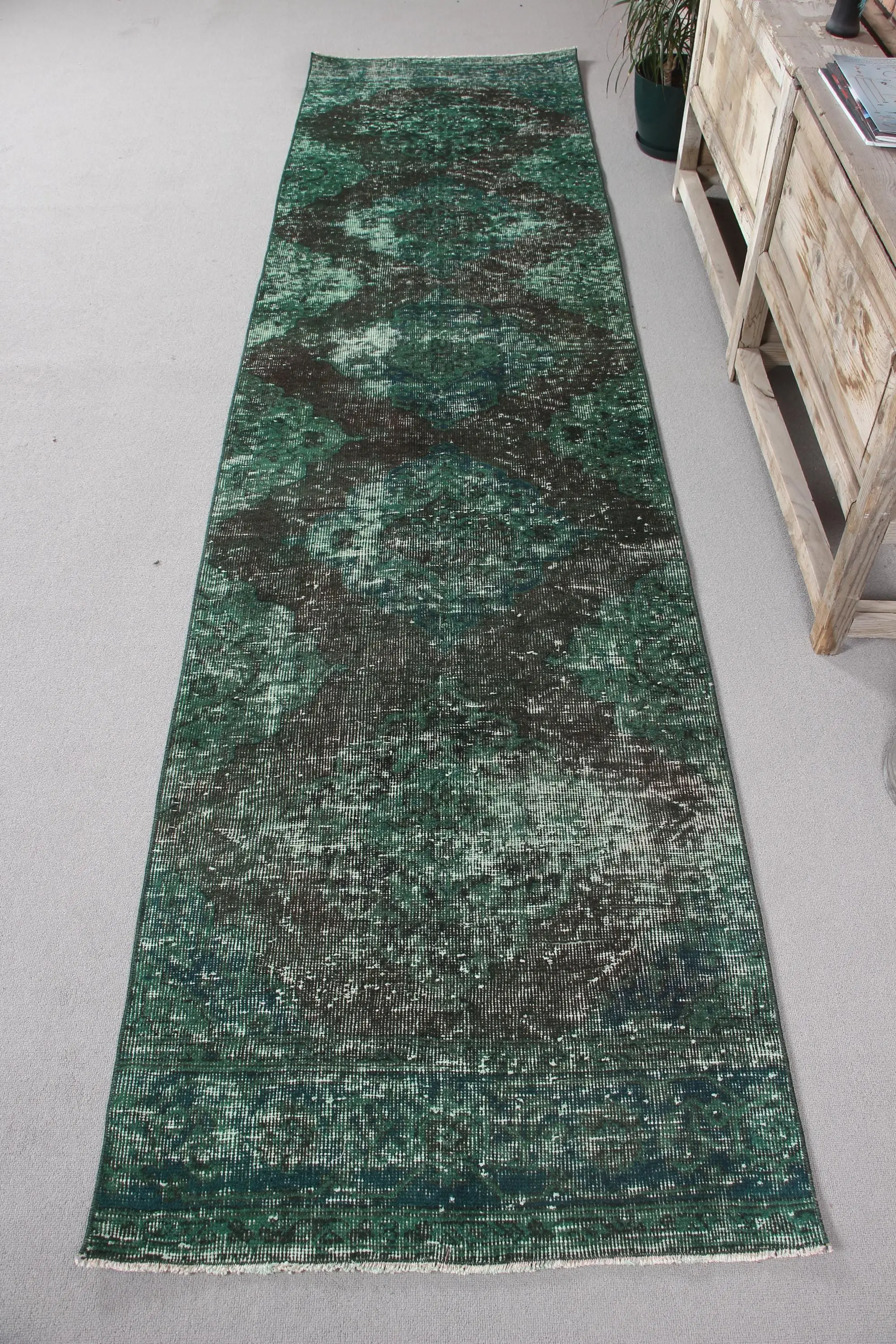 2.8x11.2 ft Turkish Runner Rug, Green Blue Vintage Animal Print Wool Rug - 1