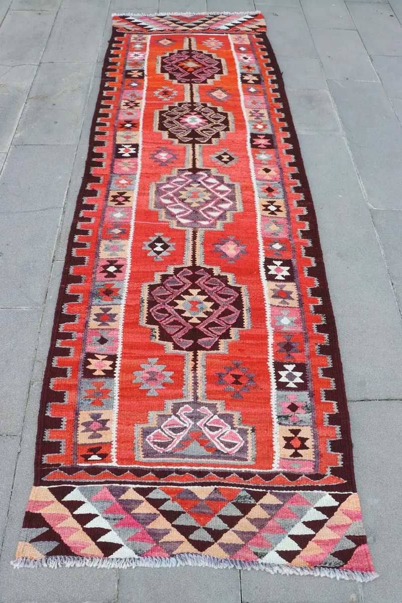 Kırmızı & Mor Kareli Halı, 2,9x9,4 ft Zarif Dekor