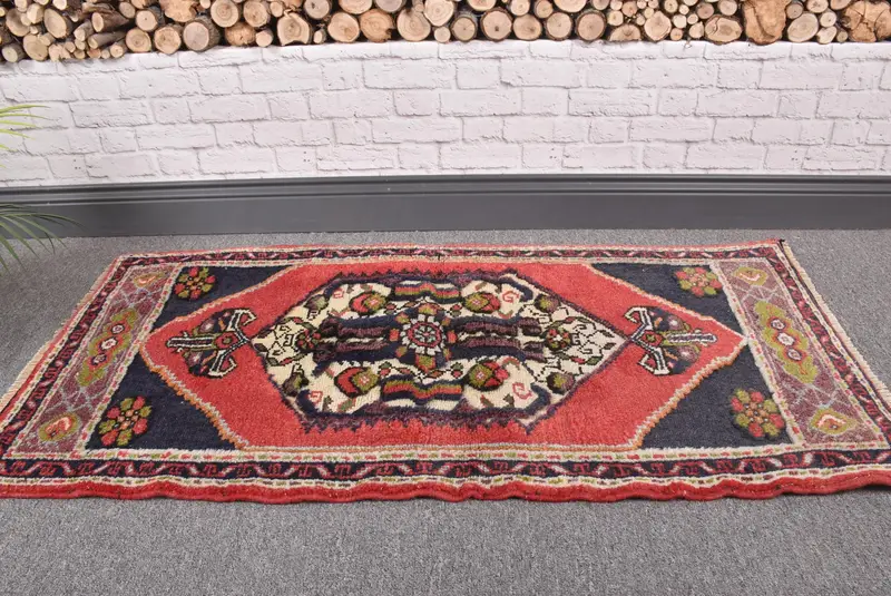 Vintage 1,8x3,5 ft Teppich, kleiner türkischer Teppich, rot blauer Tarnteppich - 1