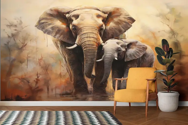 Gift For Her, Elephant Wall Decals, Wild Animal Wallpaper, Mom and Baby Elephant Digital Paper, Animal Wall Painting, Paper Crafts, - 1