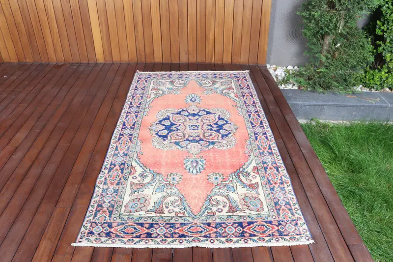 3.8x6.9 フィート オレンジ & ブルー ラグ、オリエンタル柄