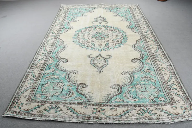 Türk Vintage Oushak Halı 6.4x10.1 ft (195x307 cm), Mavi Çizgili Yün Halı - 1