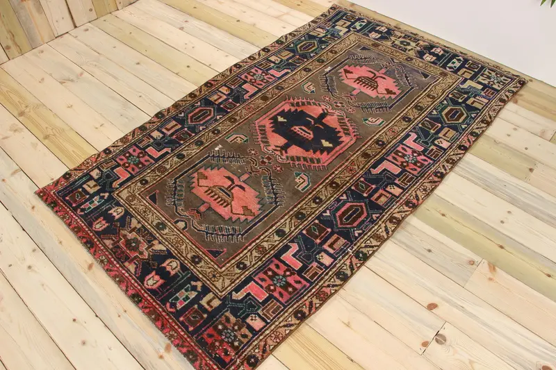 3.8x6.5 ft Halı, Türk Oushak Halısı, Vintage Mavi Yün Bordürlü Halı - 1