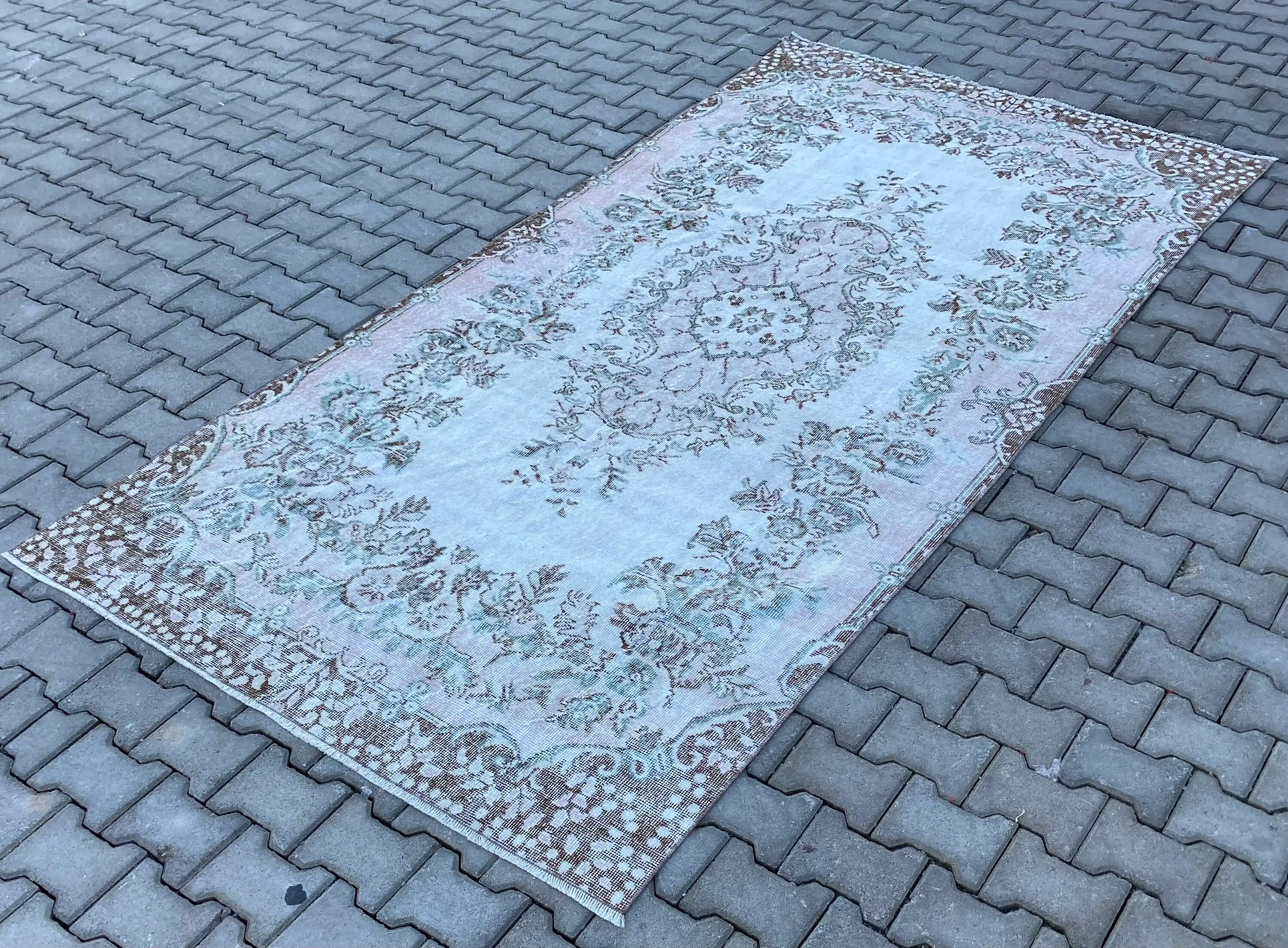 5,2x10,2 ft großer türkischer Teppich, blaubrauner Vintage-Wollteppich mit Blumenmuster - 1