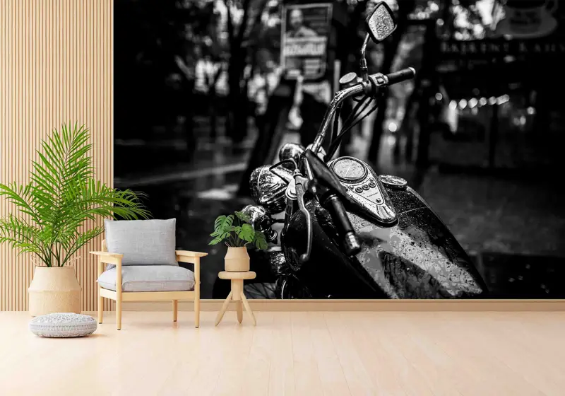 Elegante, schwarz bedruckte Tapete „Rainy Day“ für das Man Cave Office