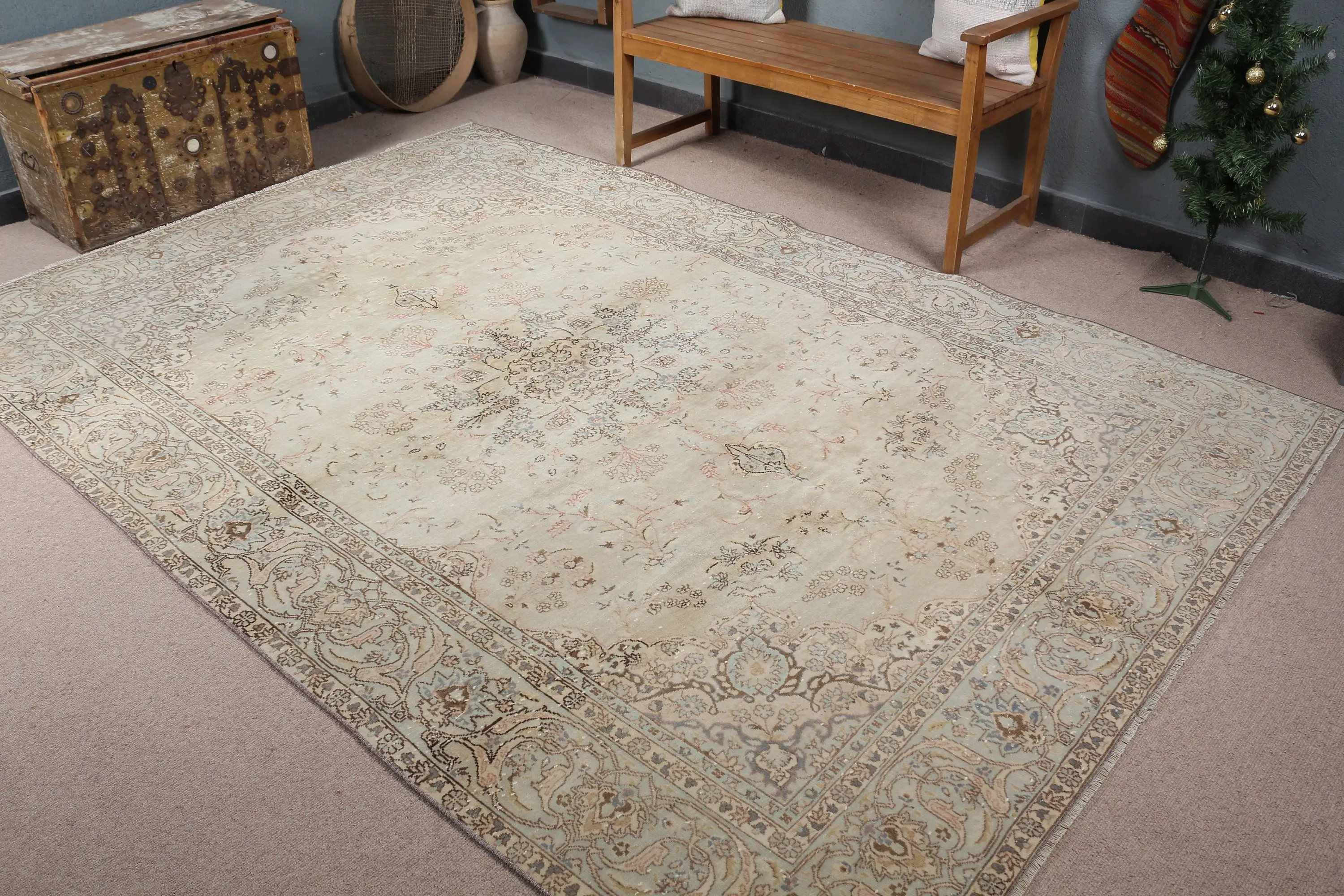 Vintage Büyük Halı 6.5x9.7 ft, Beyaz İkat Türk Yün Halısı - 1