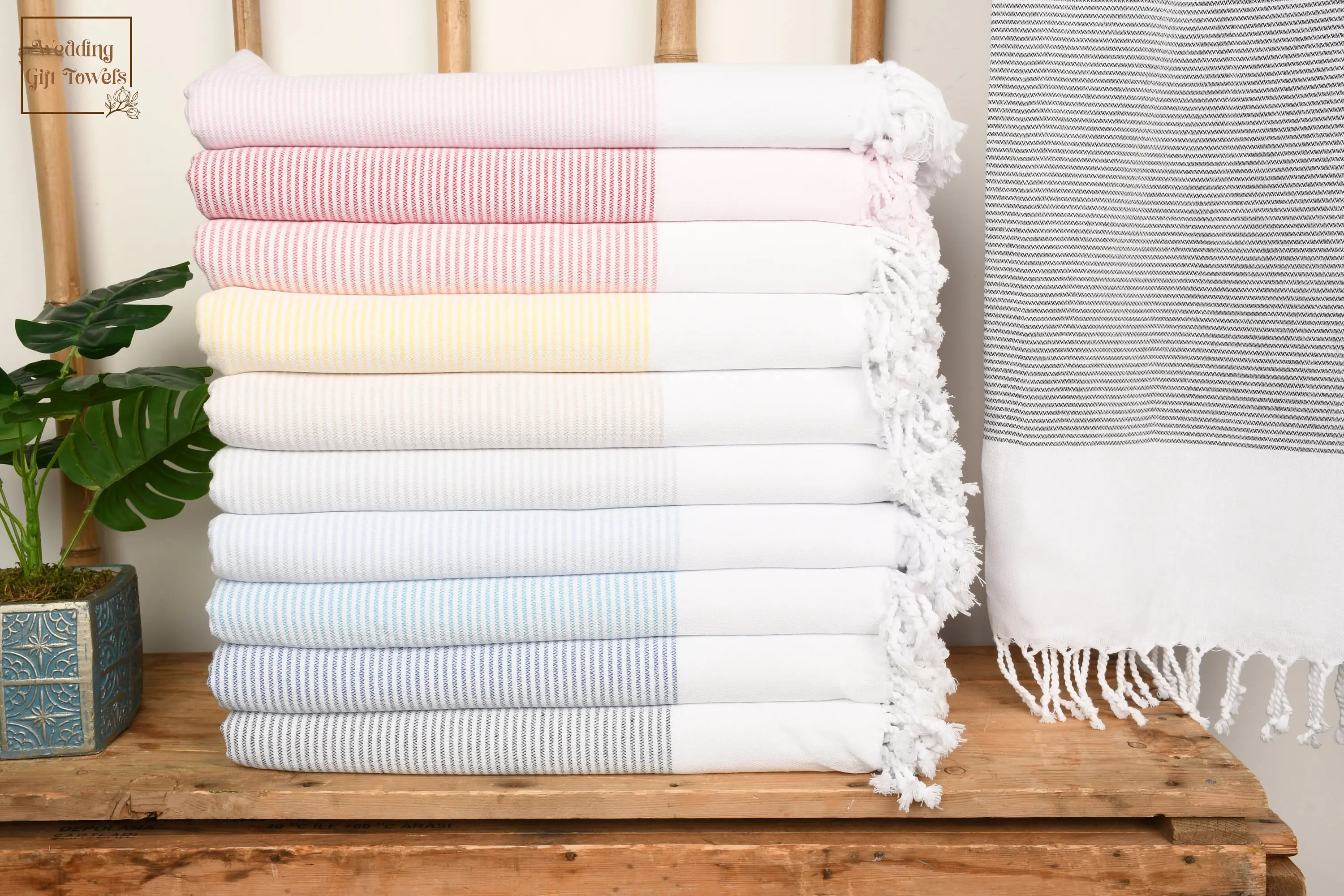 Personalized Turkish Cotton Towel Striped Beige, 70x36 or 17x39 Inches - 1