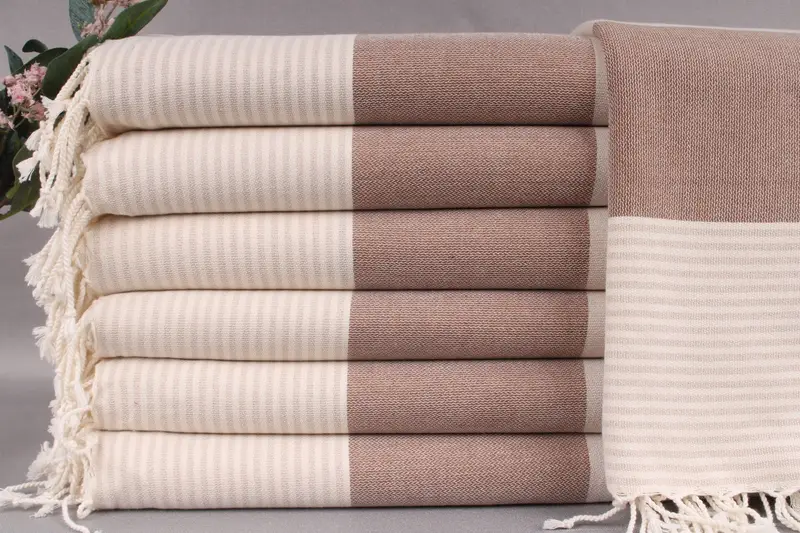 Personalized Gift Box Towel Brown-Beige Stripes, Turkish Cotton, 40x69 Inches