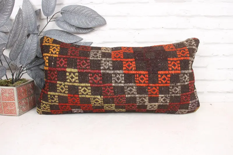 Cushion Cover, Handmade Kilim Cushion, Turkish Kilim Pillow, Throw Kilim Pillow, Aztec Cushion, 12x24 Orange Pillow - 1