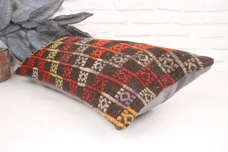 Cushion Cover, Handmade Kilim Cushion, Turkish Kilim Pillow, Throw Kilim Pillow, Aztec Cushion, 12x24 Orange Pillow - 6