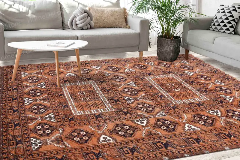 エレガントなキリムデザインプリントラグ：ブラック、ブラウン、ホワイトの幾何学模様